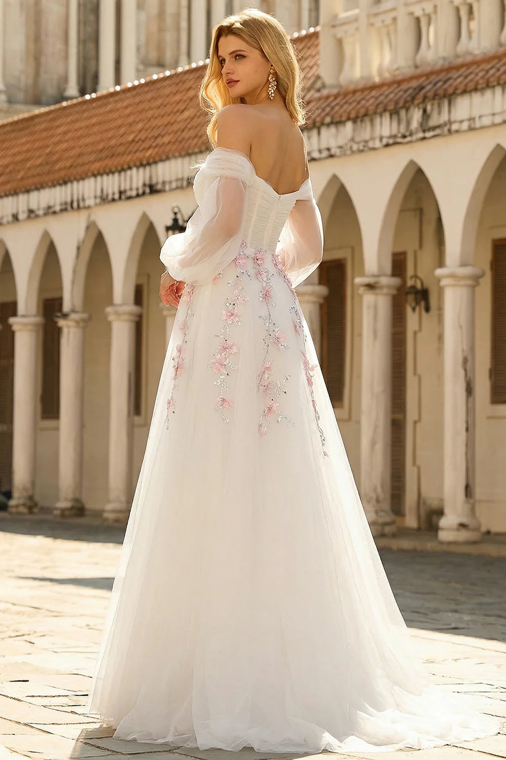 Ivory Off Shoulder Prom Dress With Puffy Long Sleeves And Pink Floral Embroidery A Line Formal Prom Dress