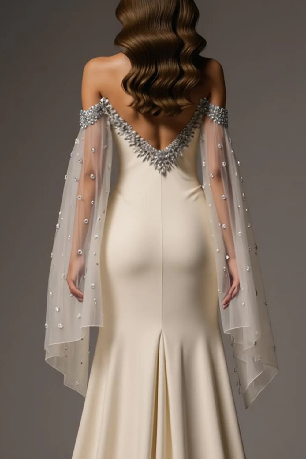 Ivory Off The Shoulder Prom Dress With Sheer Beaded Sleeves And High Slit Mermaid Silhouette For Formal Evening Party
