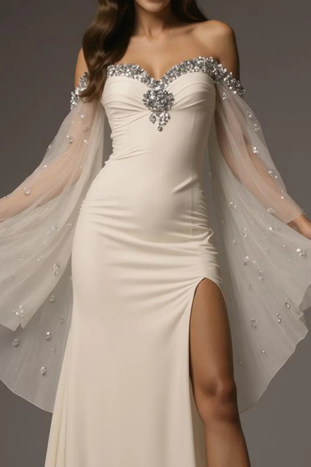 Ivory Off The Shoulder Prom Dress With Sheer Beaded Sleeves And High Slit Mermaid Silhouette For Formal Evening Party