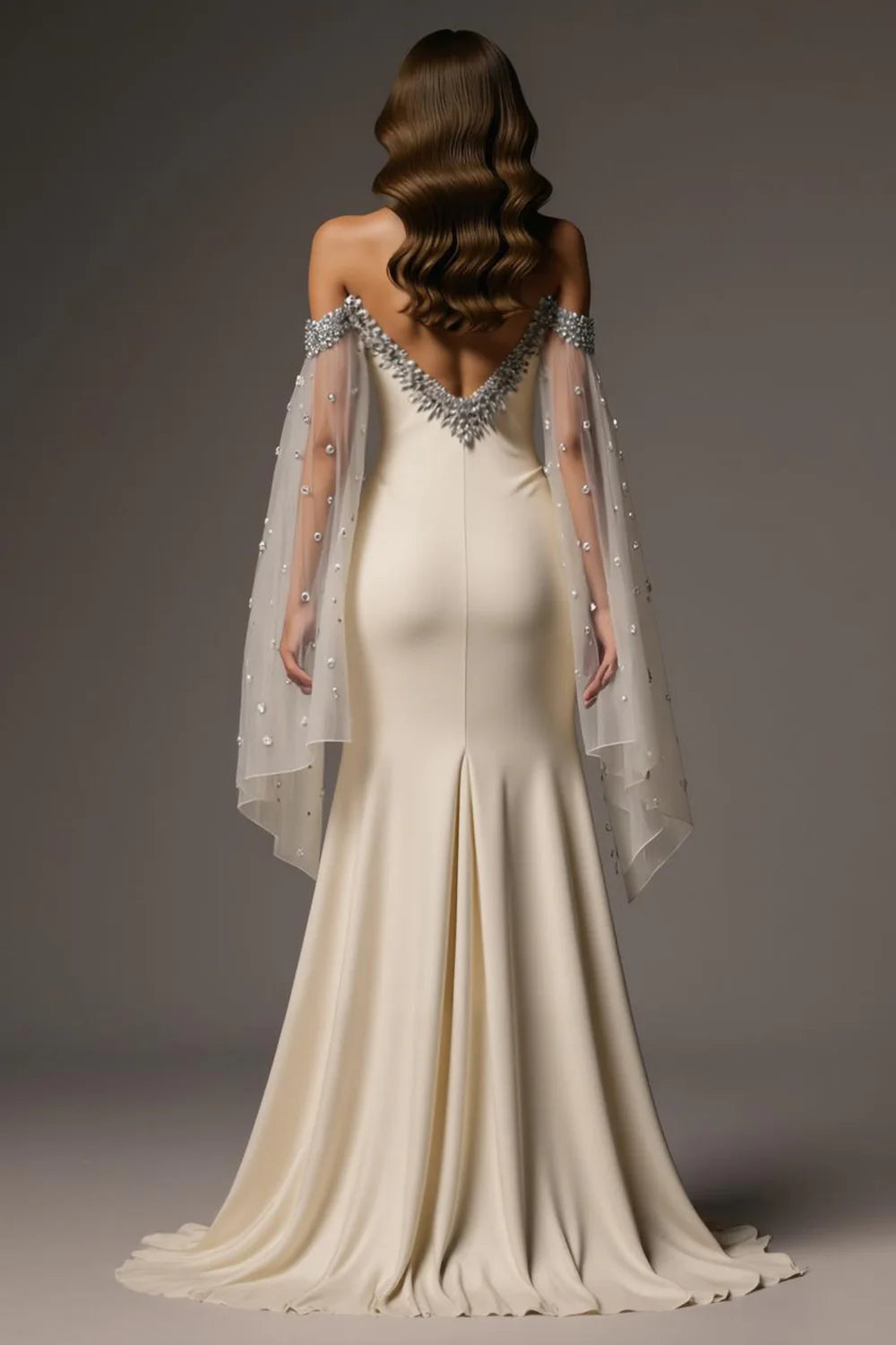 Ivory Off The Shoulder Prom Dress With Sheer Beaded Sleeves And High Slit Mermaid Silhouette For Formal Evening Party