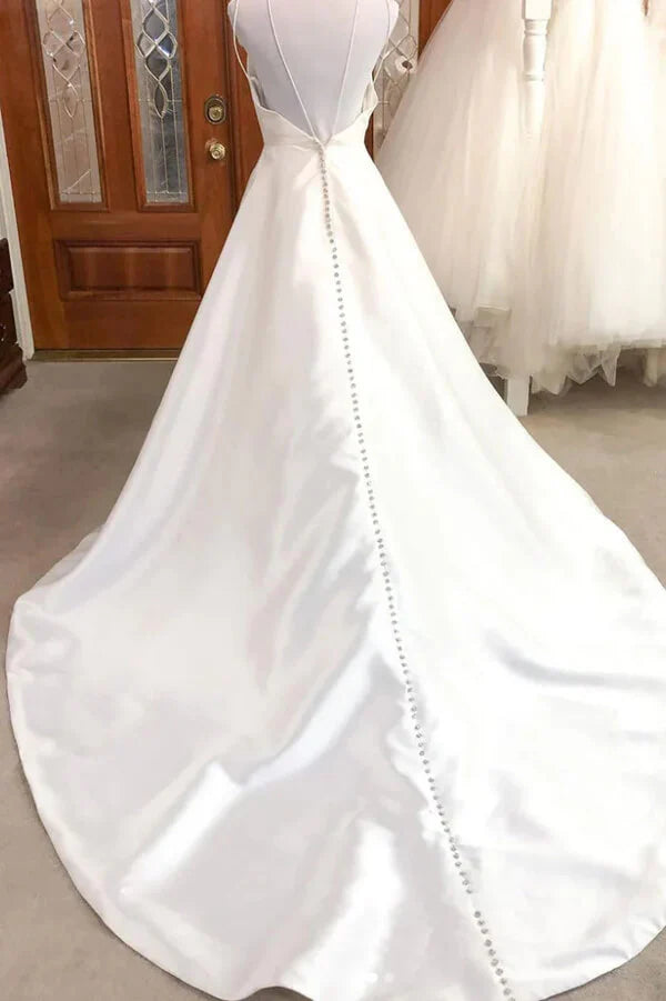 A-line V-neck Spaghetti Straps Satin Wedding Dresses Bridal Gown
