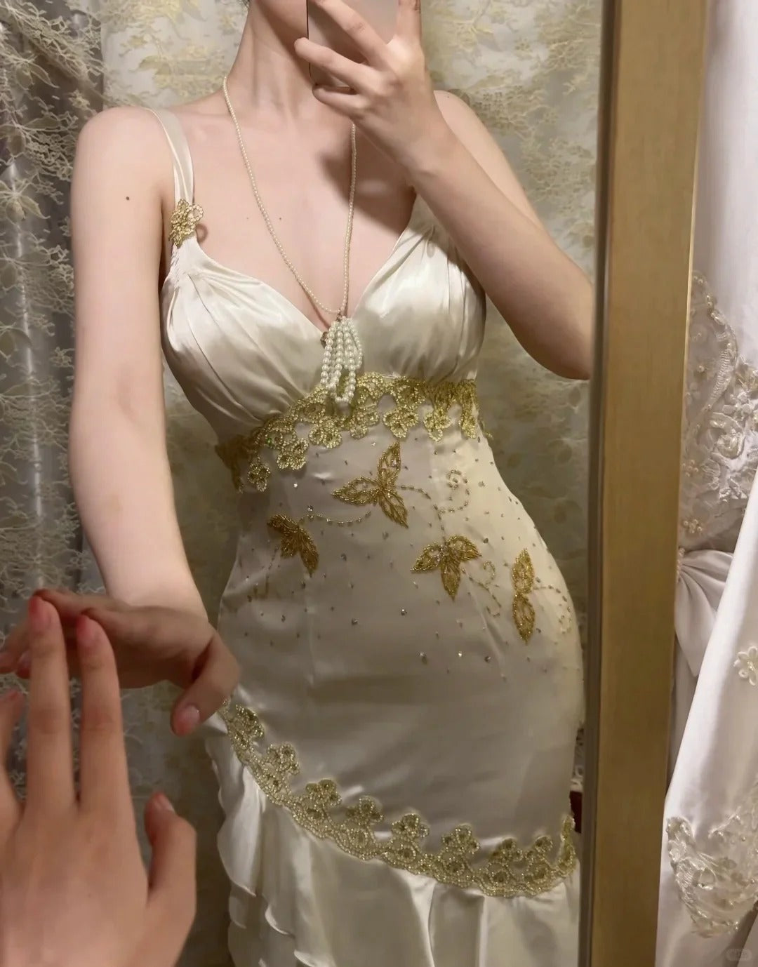 Ivory Satin Maxi Prom Dresses with Thin Straps Deep V Neck Gold Embroidery Ruffled Asymmetrical Skirt for Prom and Vintage Party