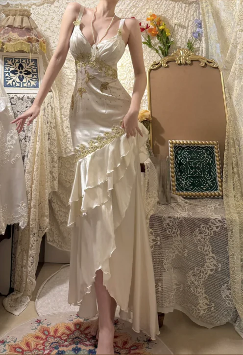 Ivory Satin Maxi Prom Dresses with Thin Straps Deep V Neck Gold Embroidery Ruffled Asymmetrical Skirt for Prom and Vintage Party
