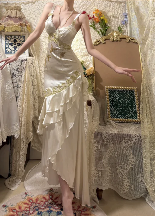 Ivory Satin Maxi Prom Dresses with Thin Straps Deep V Neck Gold Embroidery Ruffled Asymmetrical Skirt for Prom and Vintage Party