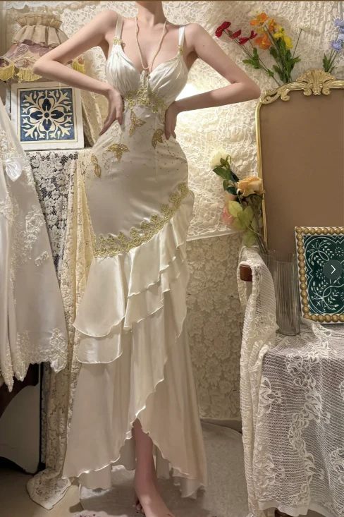 Ivory Satin Maxi Prom Dresses with Thin Straps Deep V Neck Gold Embroidery Ruffled Asymmetrical Skirt for Prom and Vintage Party