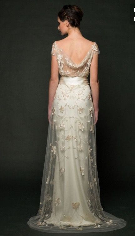 Ivory Sheer Back Floral Embellished Satin Sash Tulle Evening Dress