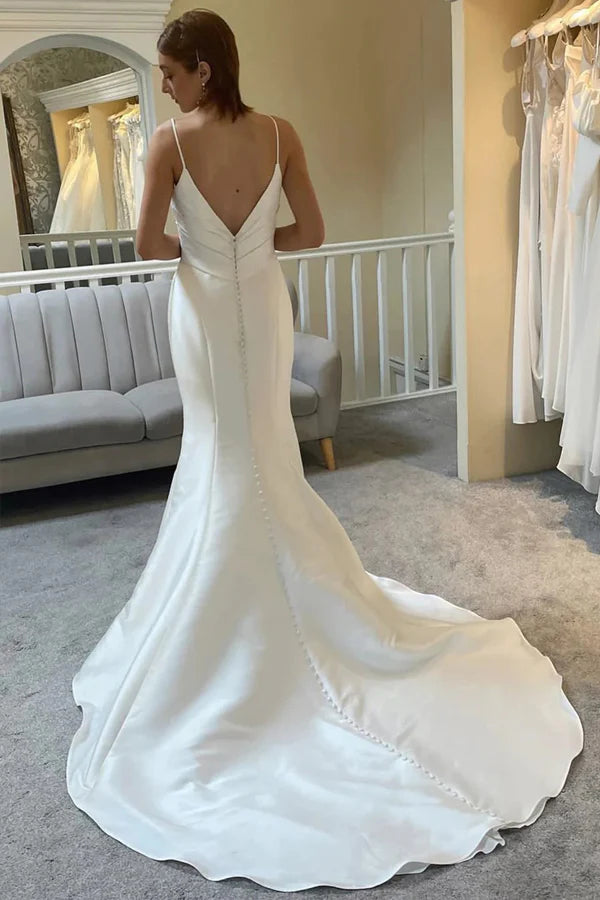 Mermaid Spaghetti Strap Backless Trumpet Ivory Wedding Dress