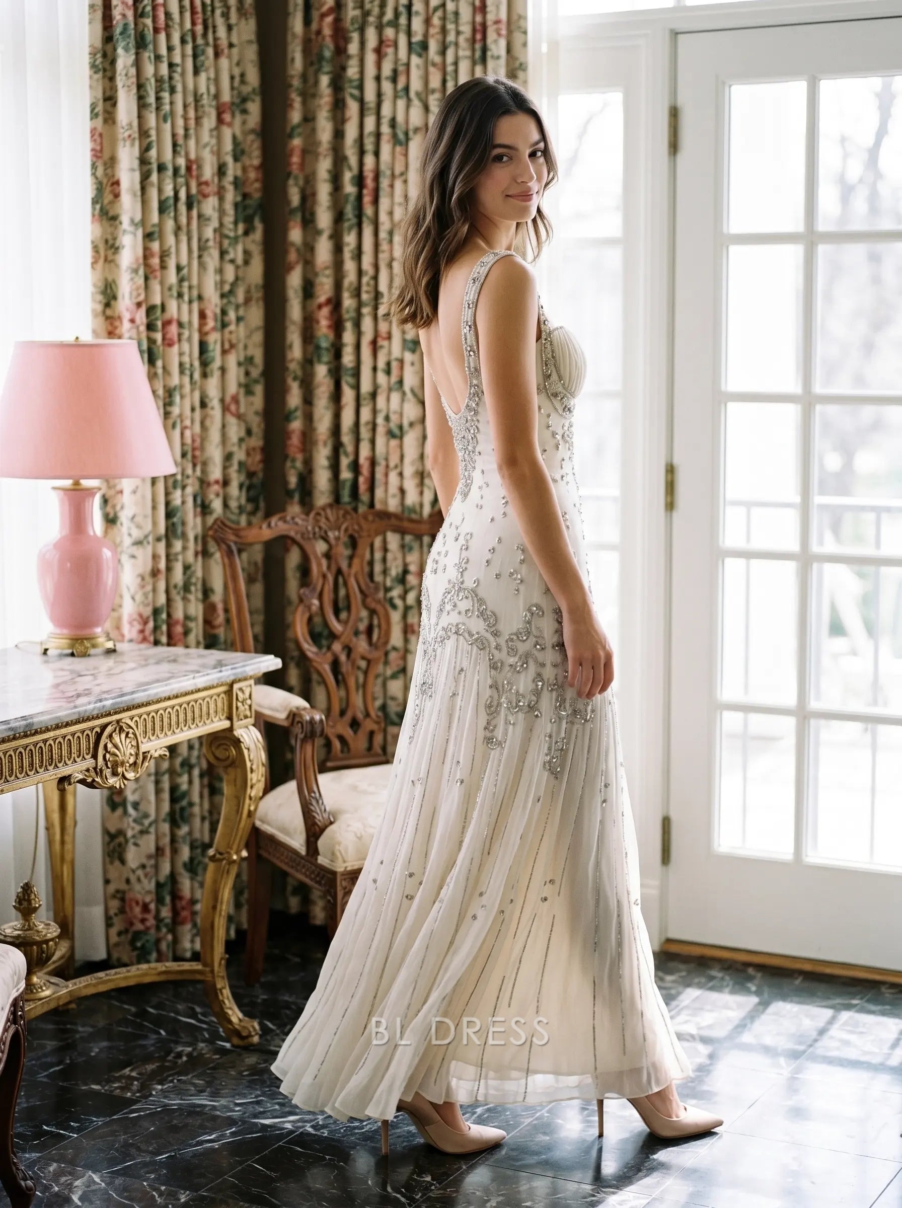 Ivory Sweetheart Neckline Beaded Embellished Low Back Flowy Tulle Formal Evening Prom Dress