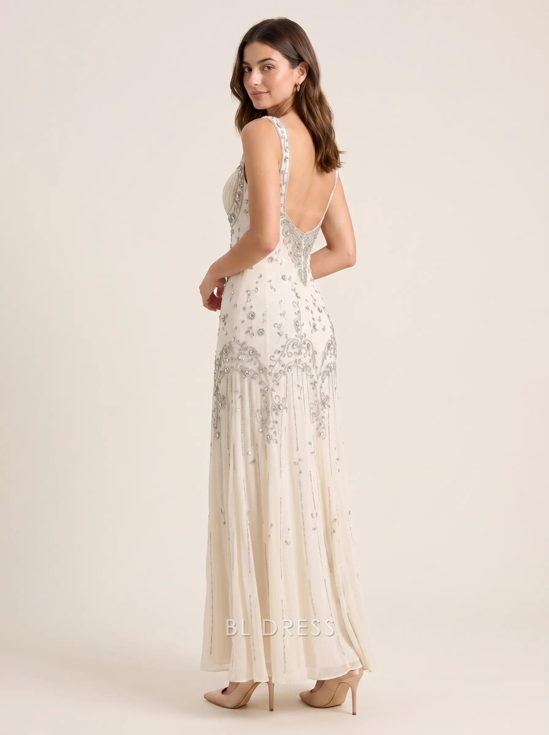 Ivory Sweetheart Neckline Beaded Embellished Low Back Flowy Tulle Formal Evening Prom Dress