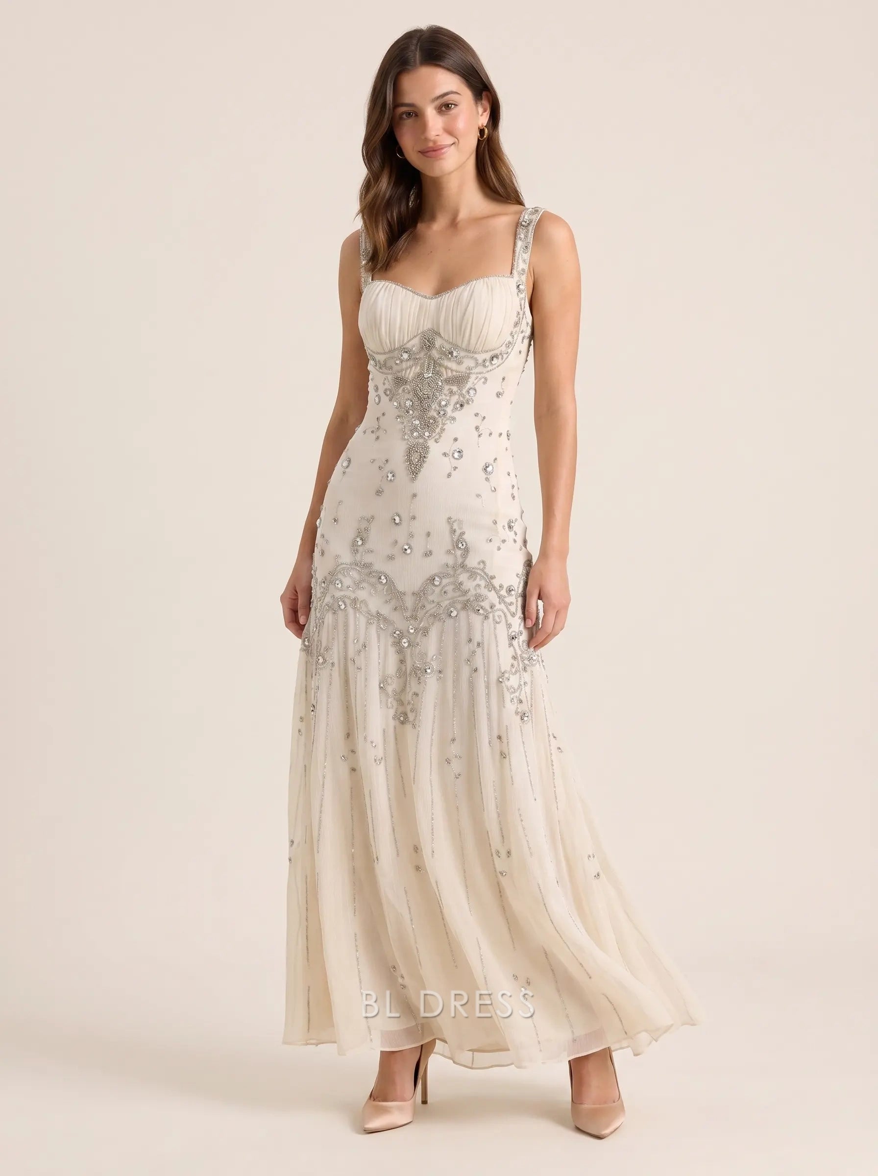 Ivory Sweetheart Neckline Beaded Embellished Low Back Flowy Tulle Formal Evening Prom Dress