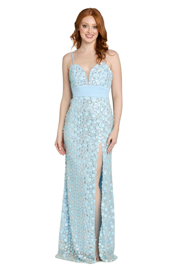 Ivory and Light Blue Spaghetti Strap Sequin Mermaid Floor Length Formal Evening Prom Dress