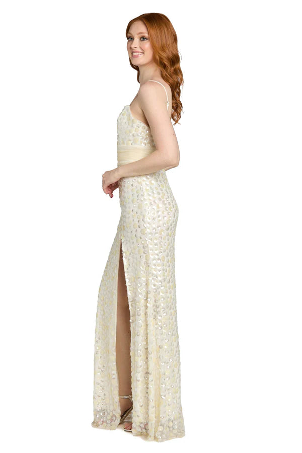 Ivory and Light Blue Spaghetti Strap Sequin Mermaid Floor Length Formal Evening Prom Dress