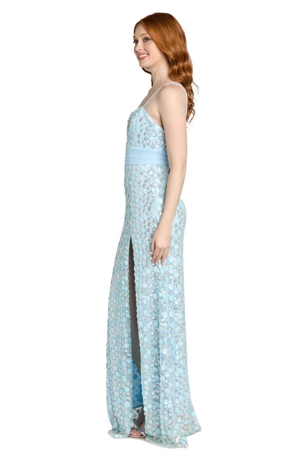 Ivory and Light Blue Spaghetti Strap Sequin Mermaid Floor Length Formal Evening Prom Dress