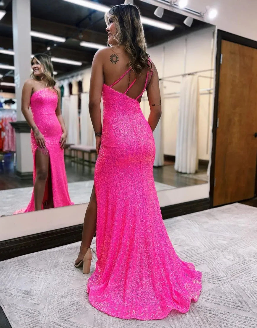 One Shoulder Sparkly Sequin Long Glitter Prom Dress