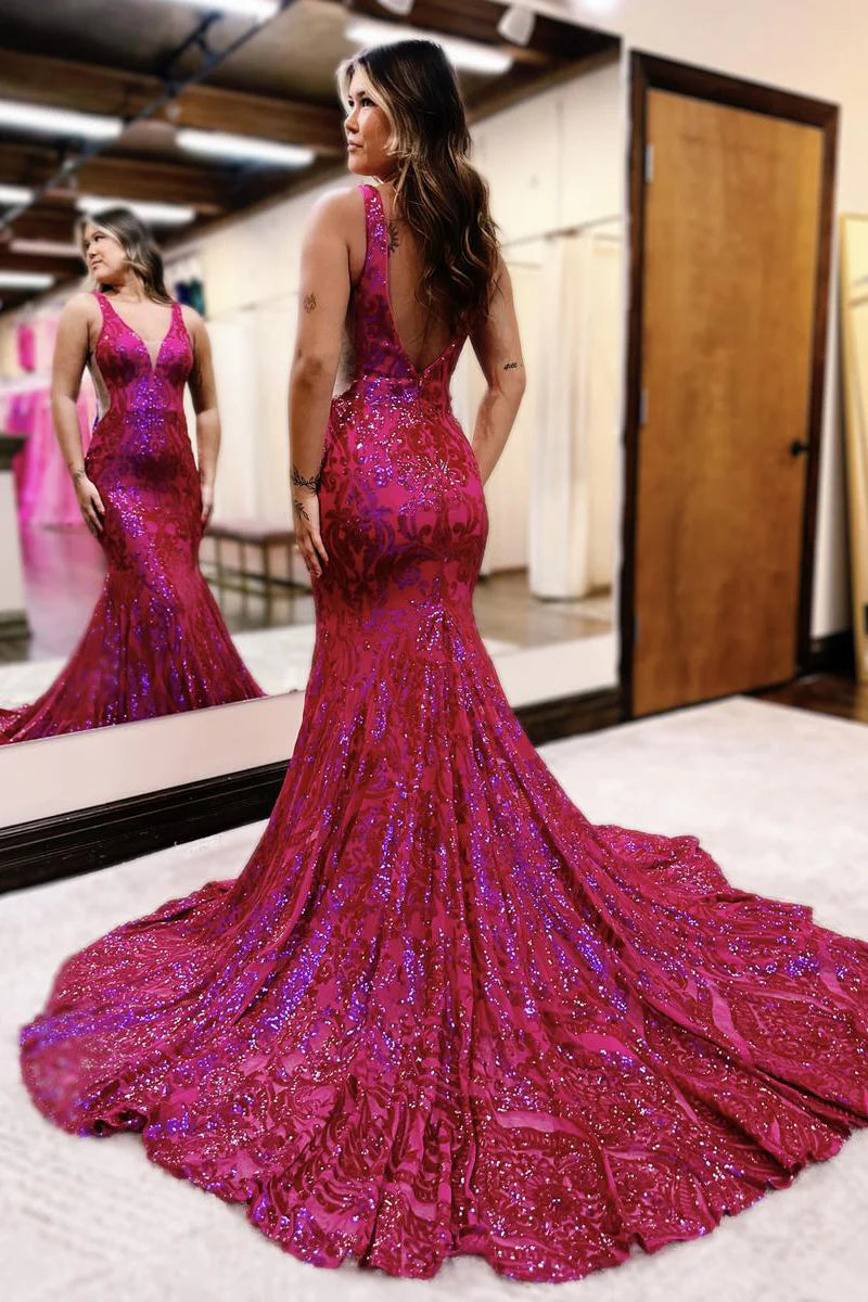 Mermaid V Neck Sequins Lace Long Prom Dress
