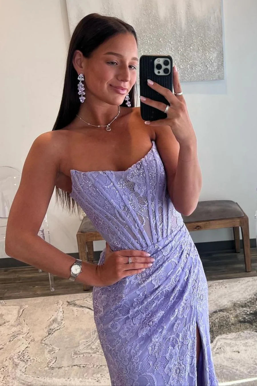 Mermaid Strapless Sweep Train Lace Prom Dress With Slit