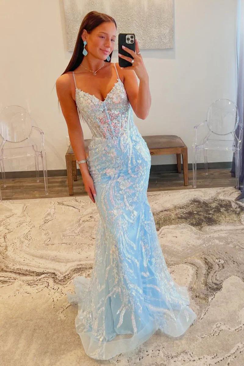 Mermaid V Neck Sequins Long Prom Dresses with Slit