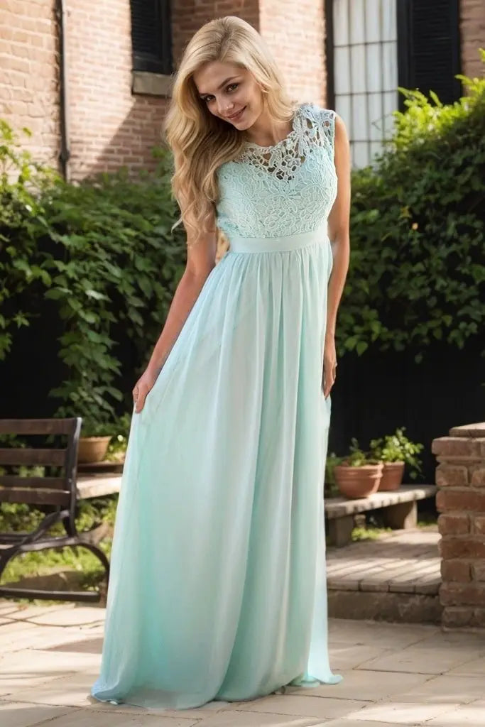 Lace Chiffon Prom Dress with Illusion Neckline and A-Line Skirt for Formal Events and Prom Nights