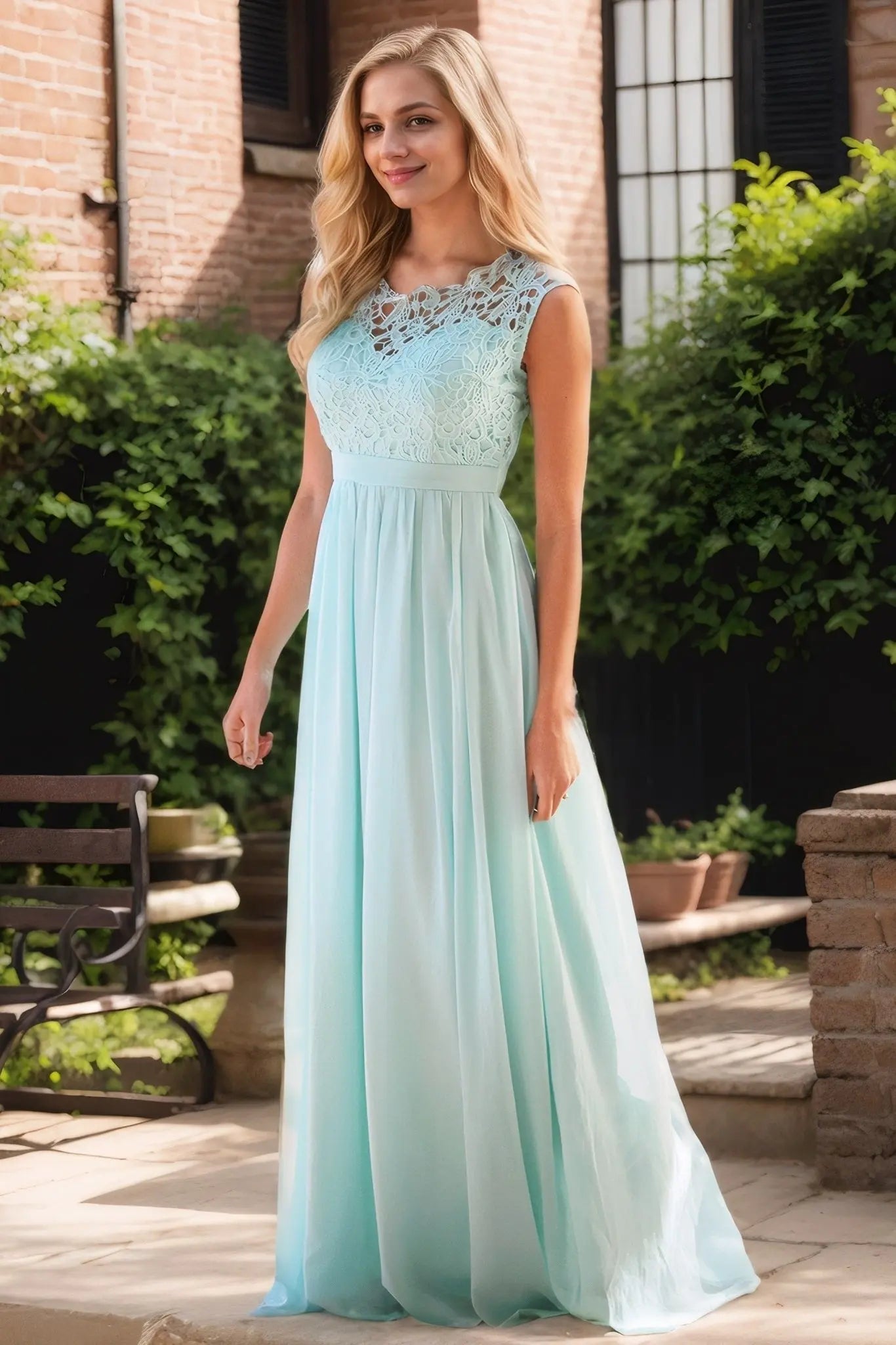 Lace Chiffon Prom Dress with Illusion Neckline and A-Line Skirt for Formal Events and Prom Nights
