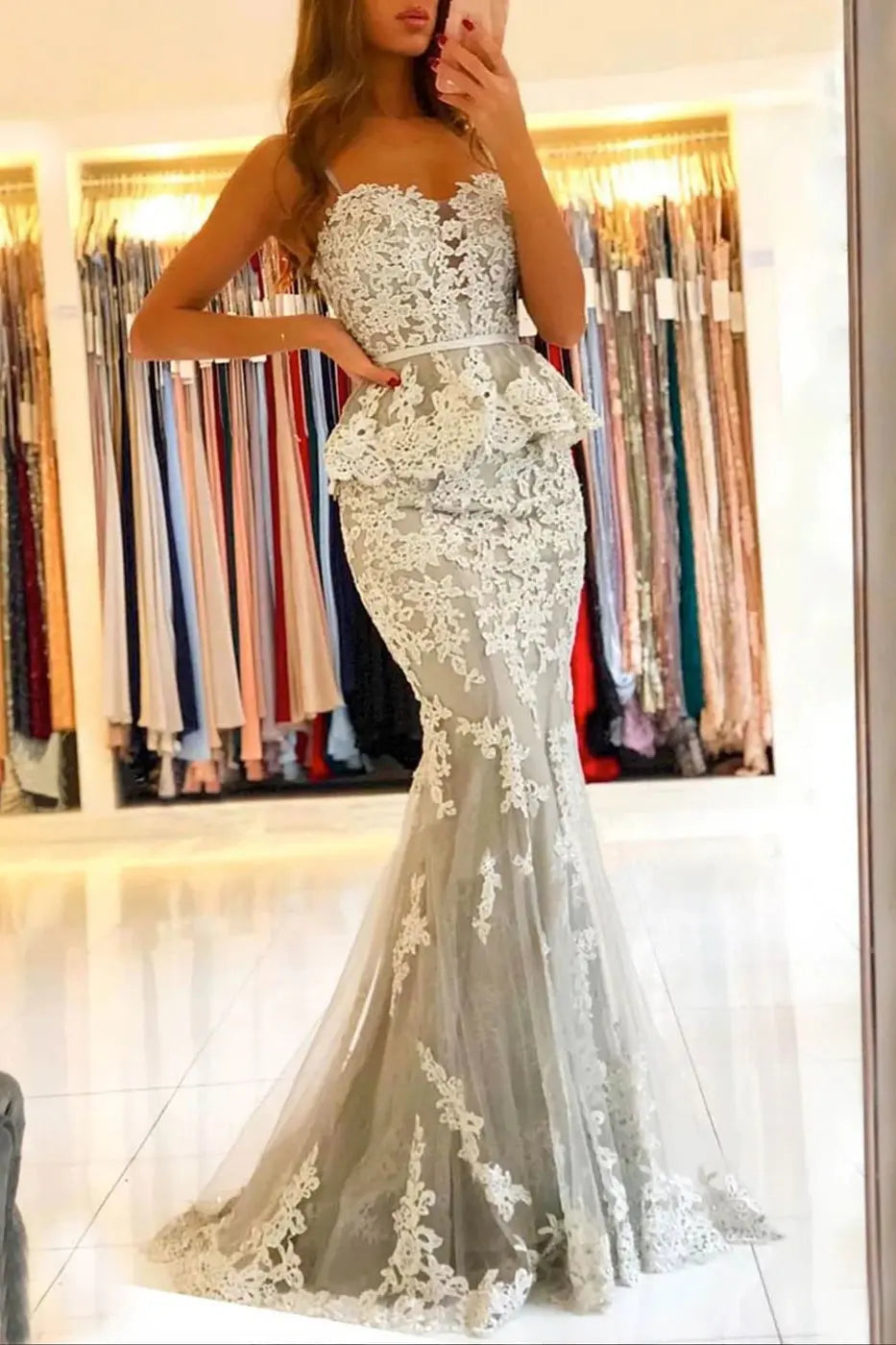 Lace Spaghetti Strap Mermaid Prom Dress with Peplum Waist and Sheer Back for Formal Events and Prom Nights