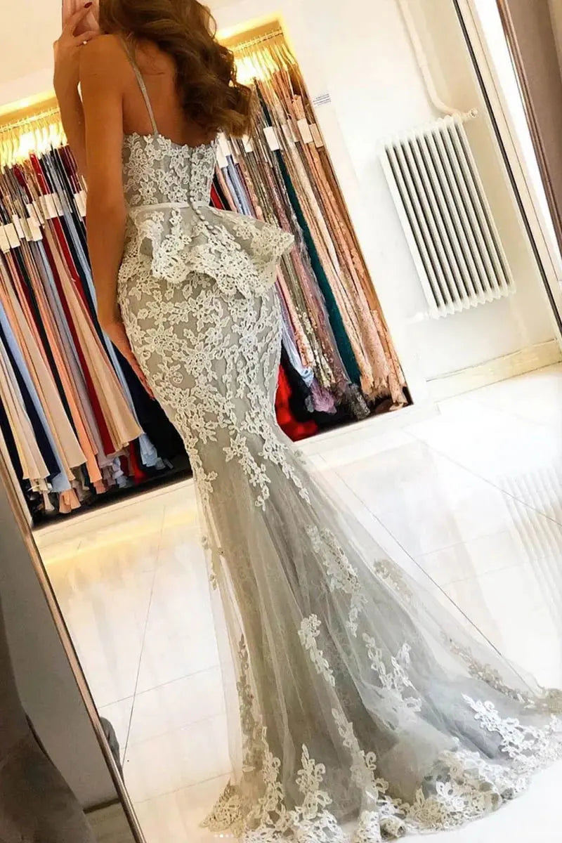 Lace Spaghetti Strap Mermaid Prom Dress with Peplum Waist and Sheer Back for Formal Events and Prom Nights
