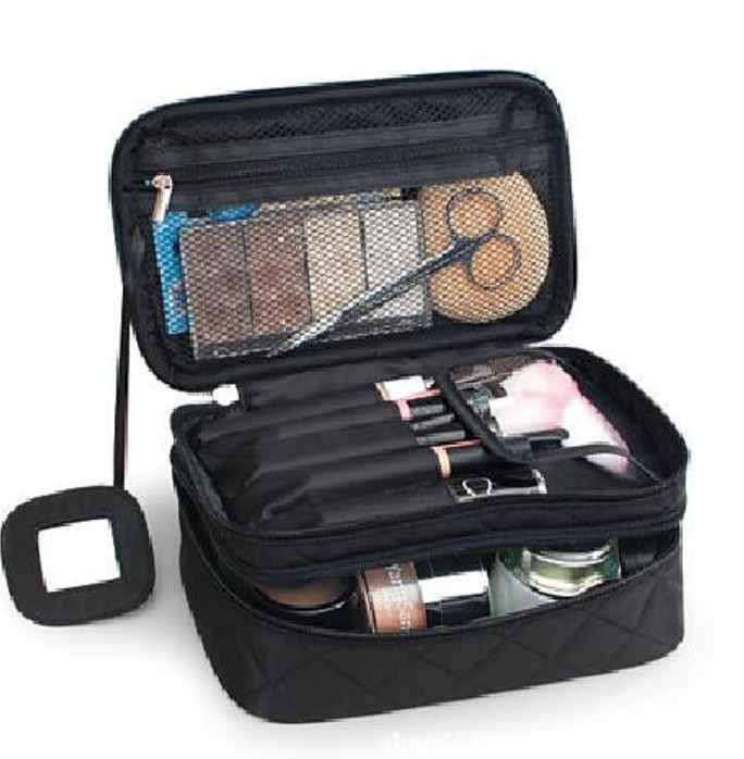 Closed black toiletry bag with a top handle.