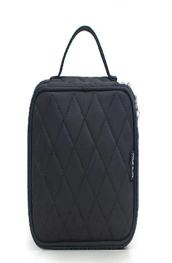 Open black toiletry bag revealing multiple mesh and zippered compartments.