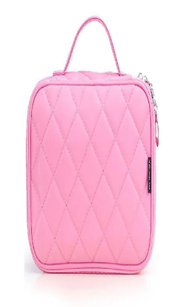 Black toiletry bag hanging from a hook, fully open with various toiletries visible.