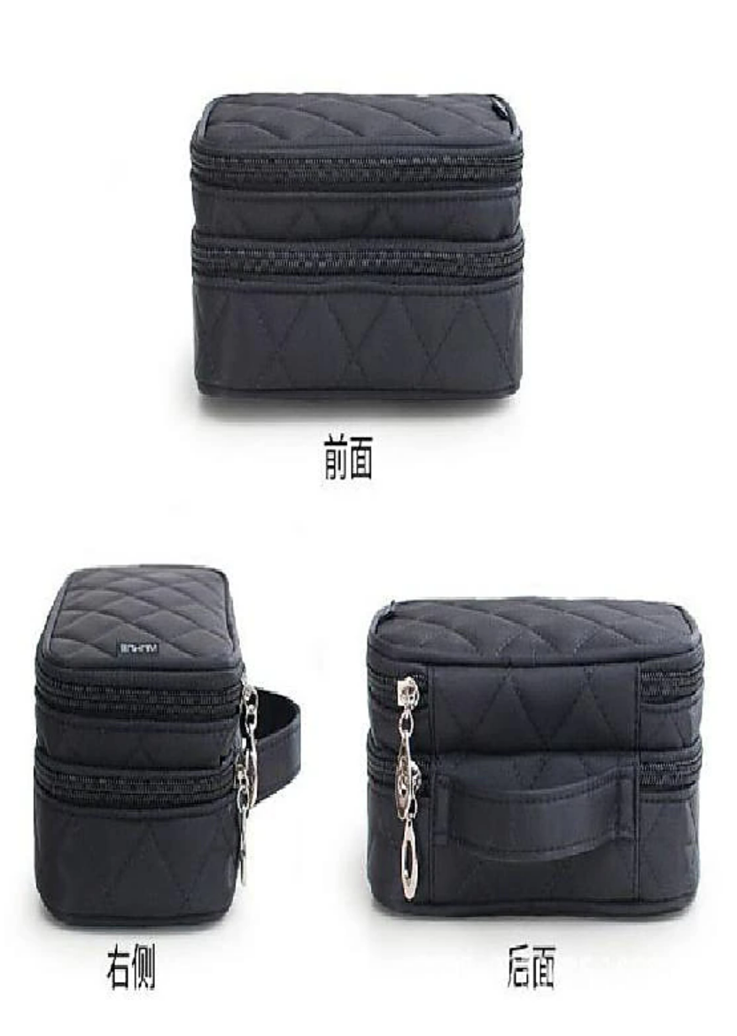 Black toiletry bag filled with personal care items and cosmetics.