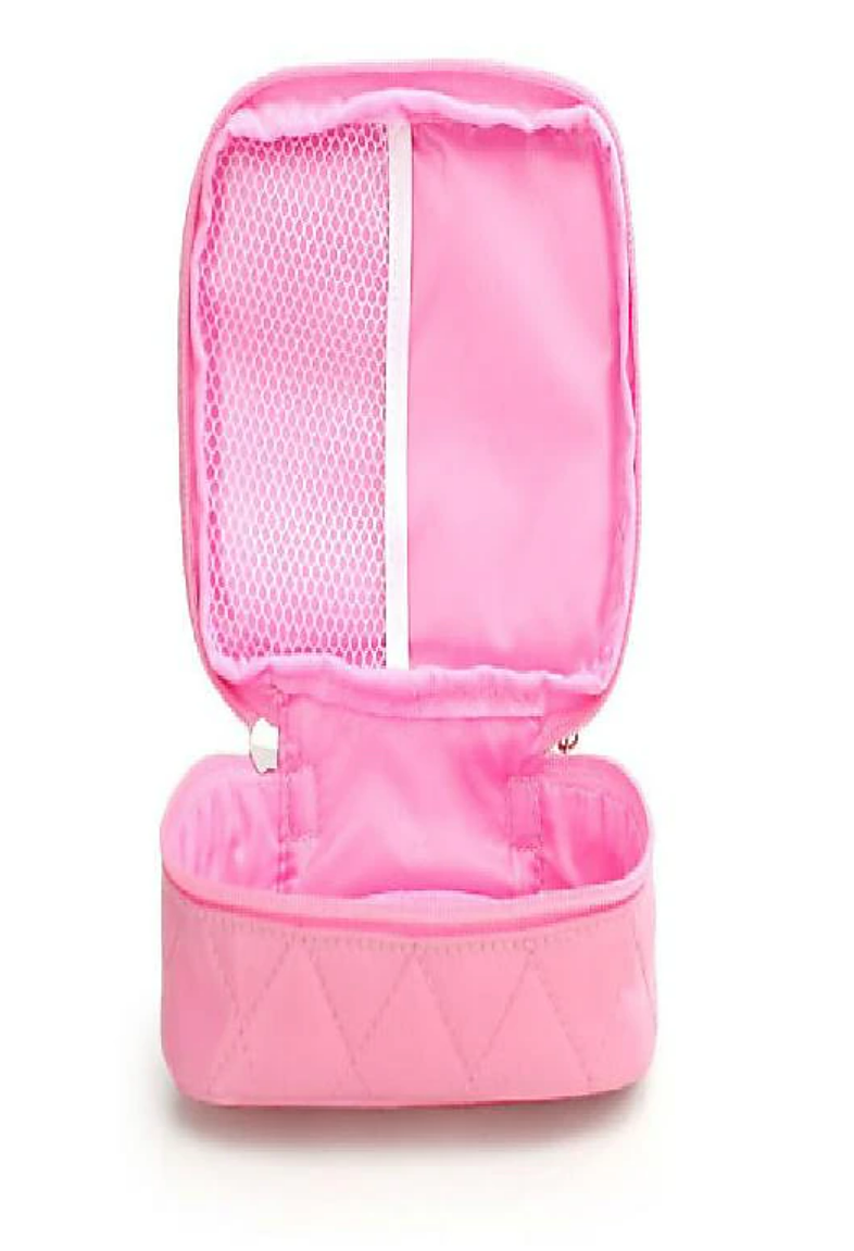 Side view of the black toiletry bag, showcasing its spacious depth.