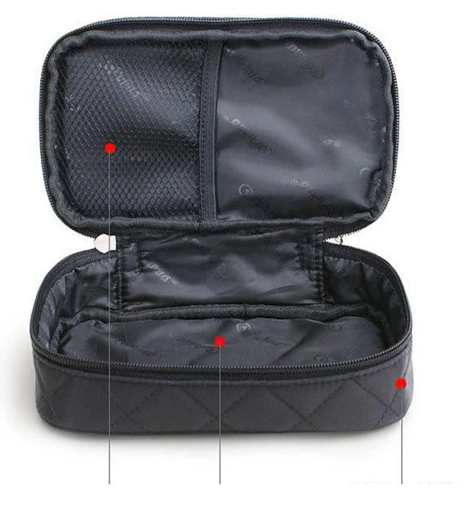 Black toiletry bag folded and secured, ready for packing.