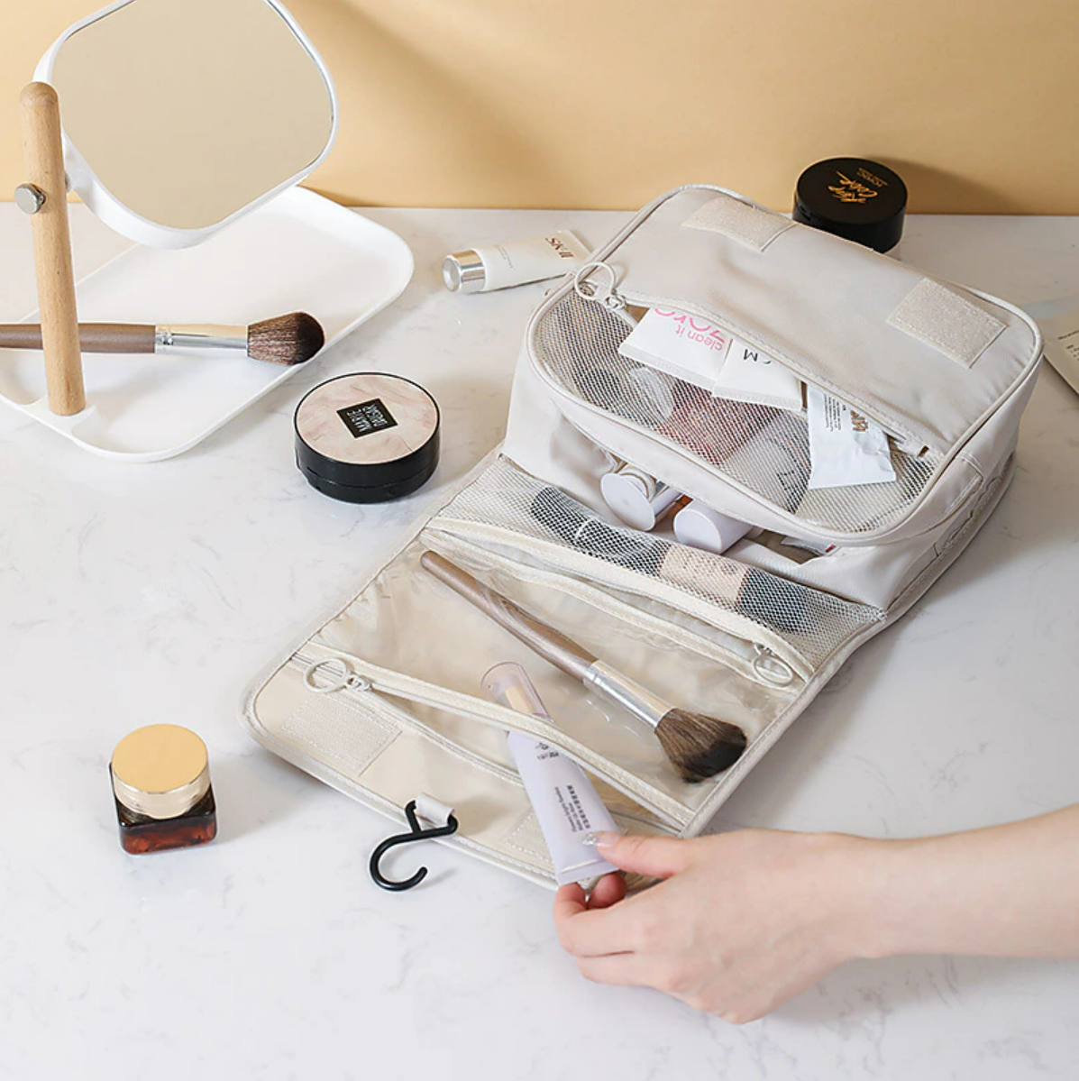 Waterproof travel wash bag, side view.