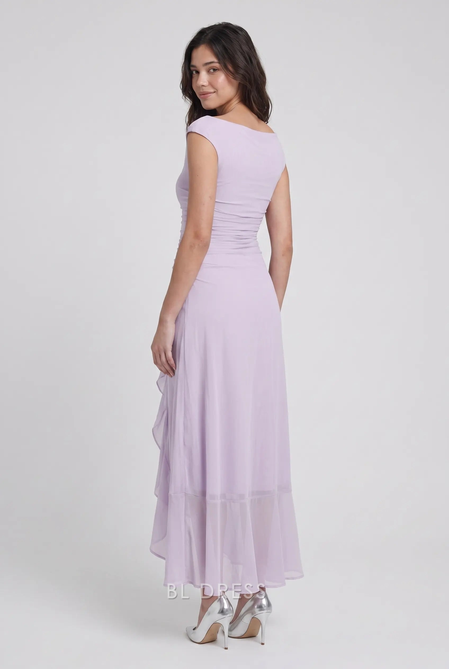 Lavender Boat Neck Cap Sleeve Ruched Waist Asymmetric Ruffle Chiffon Formal Evening Prom Dress
