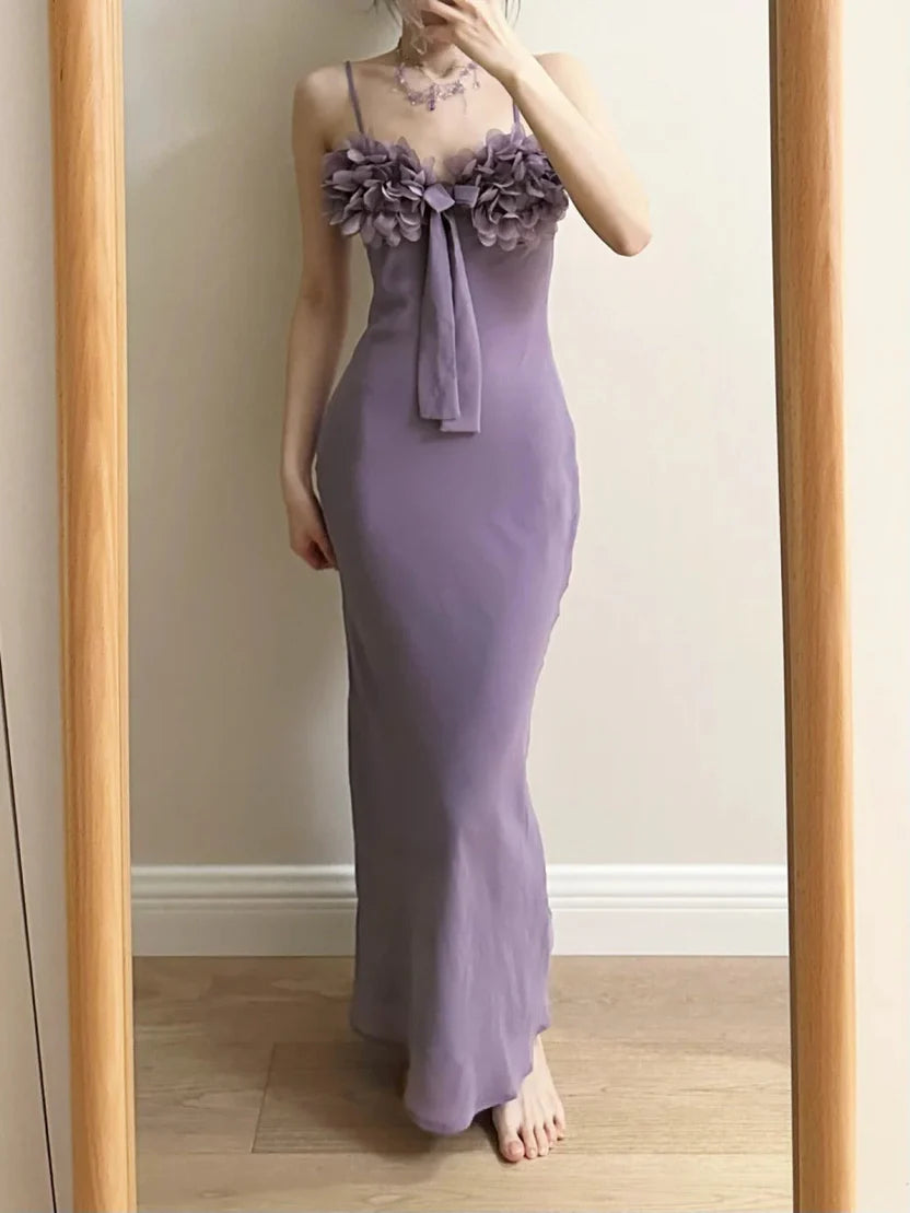Lavender Chiffon Spaghetti Strap 3D Floral Applique Mermaid Prom Dress