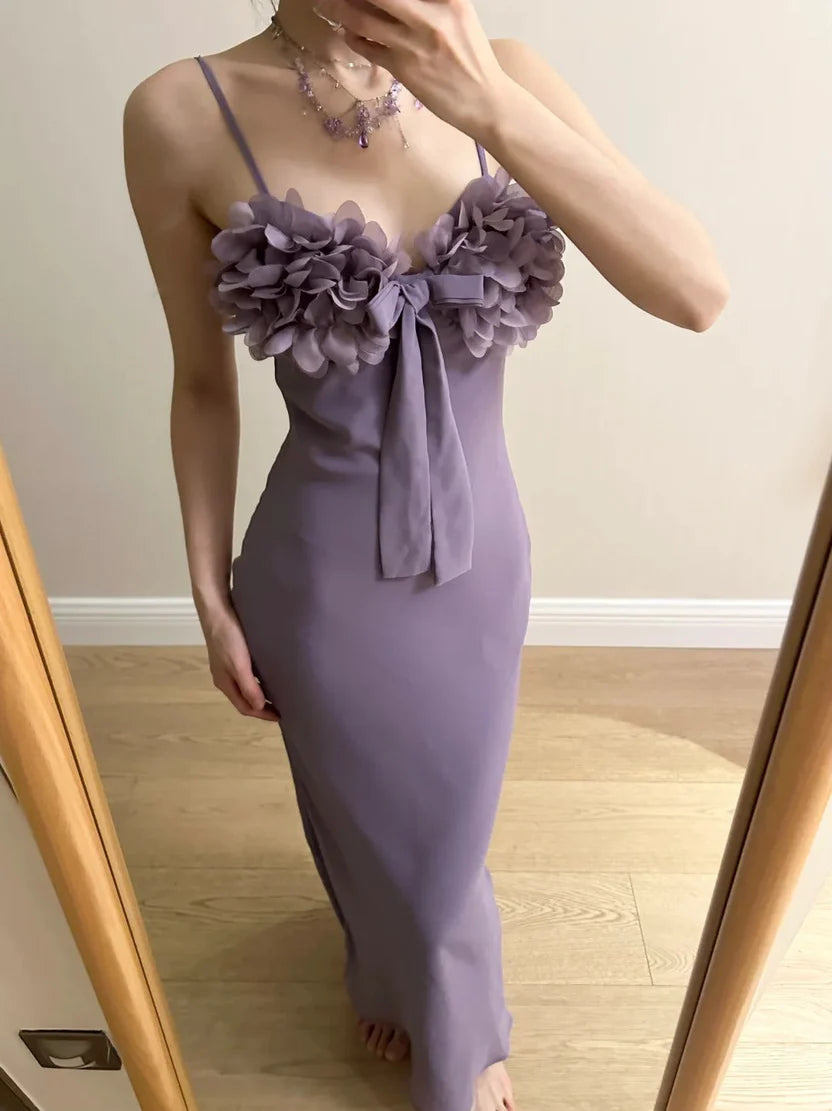 Lavender Chiffon Spaghetti Strap 3D Floral Applique Mermaid Prom Dress