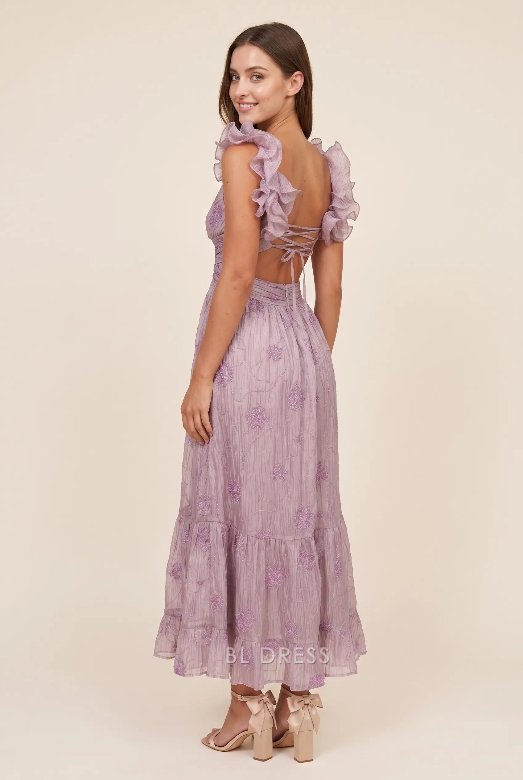Lavender Deep V Neck Ruffled Straps Floral Embroidered Lace Up Back Tiered Midi Formal Evening Prom Dress