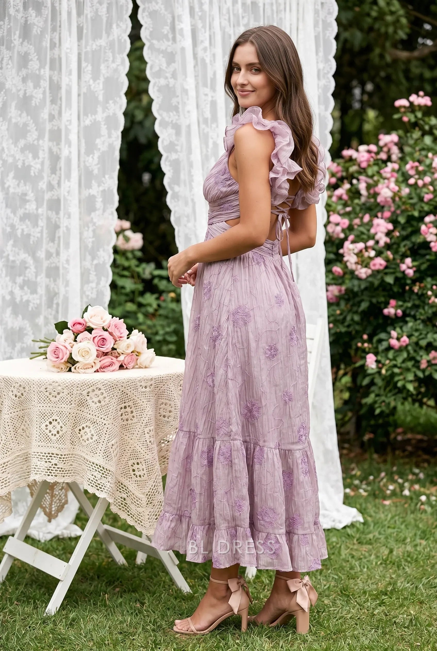 Lavender Deep V Neck Ruffled Straps Floral Embroidered Lace Up Back Tiered Midi Formal Evening Prom Dress
