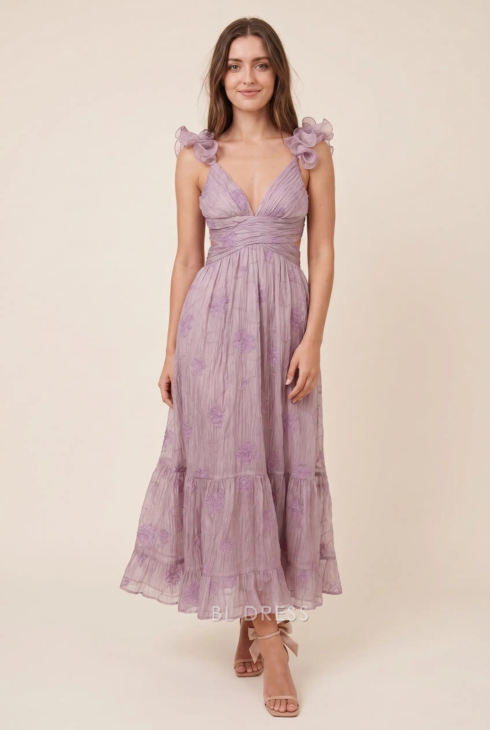 Lavender Deep V Neck Ruffled Straps Floral Embroidered Lace Up Back Tiered Midi Formal Evening Prom Dress