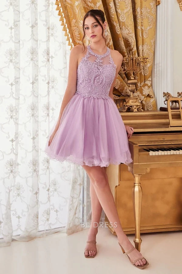 Lavender Floral Lace Halter Multi Strap Open Back Tulle Skater Homecoming Mini Dress