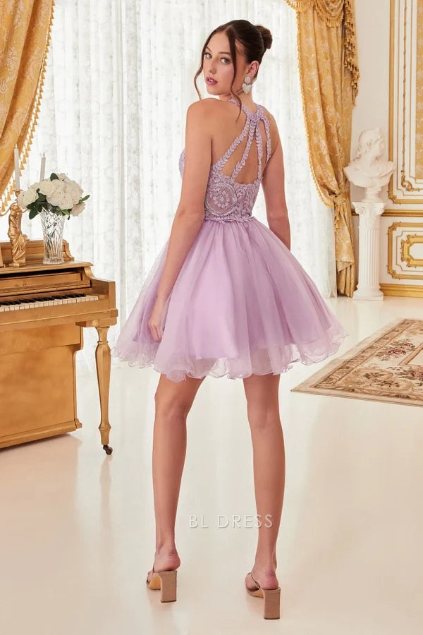 Lavender Floral Lace Halter Multi Strap Open Back Tulle Skater Homecoming Mini Dress