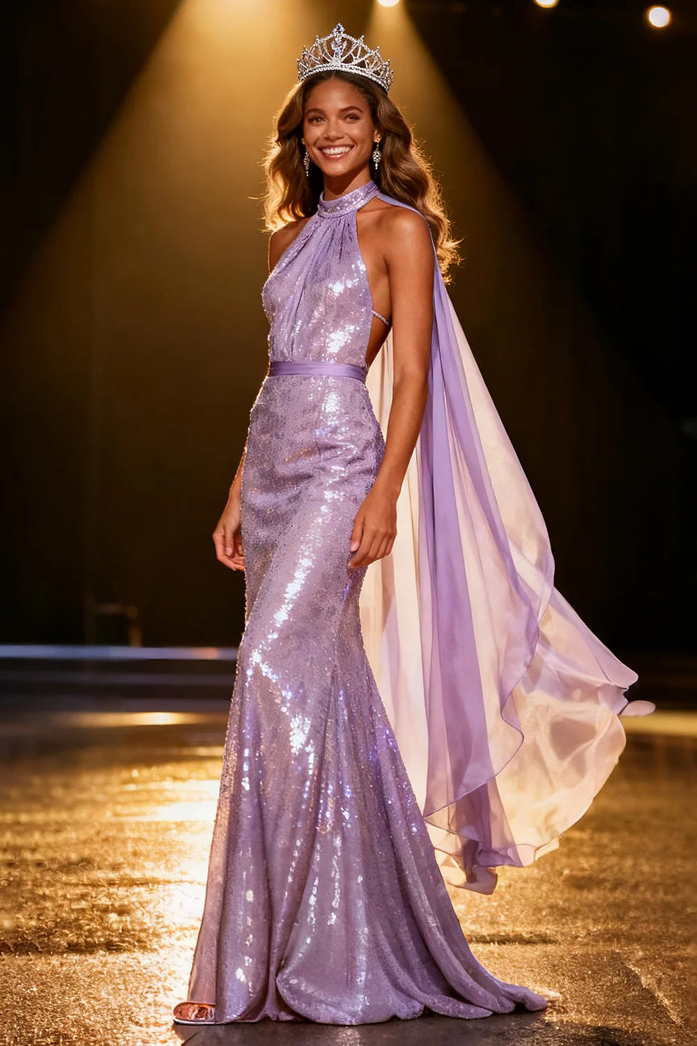 Lavender Halter Prom Dress With Cape Detail And Sequin Mermaid Silhouette For Formal Evening Party