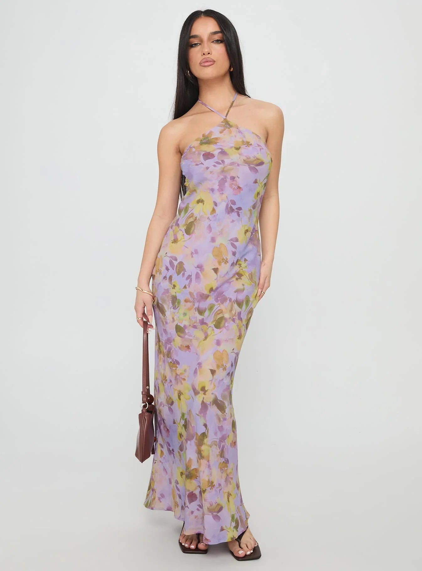Lavender Halter Prom Dress with Floral Print and Open Back for Formal Events and Prom Nights