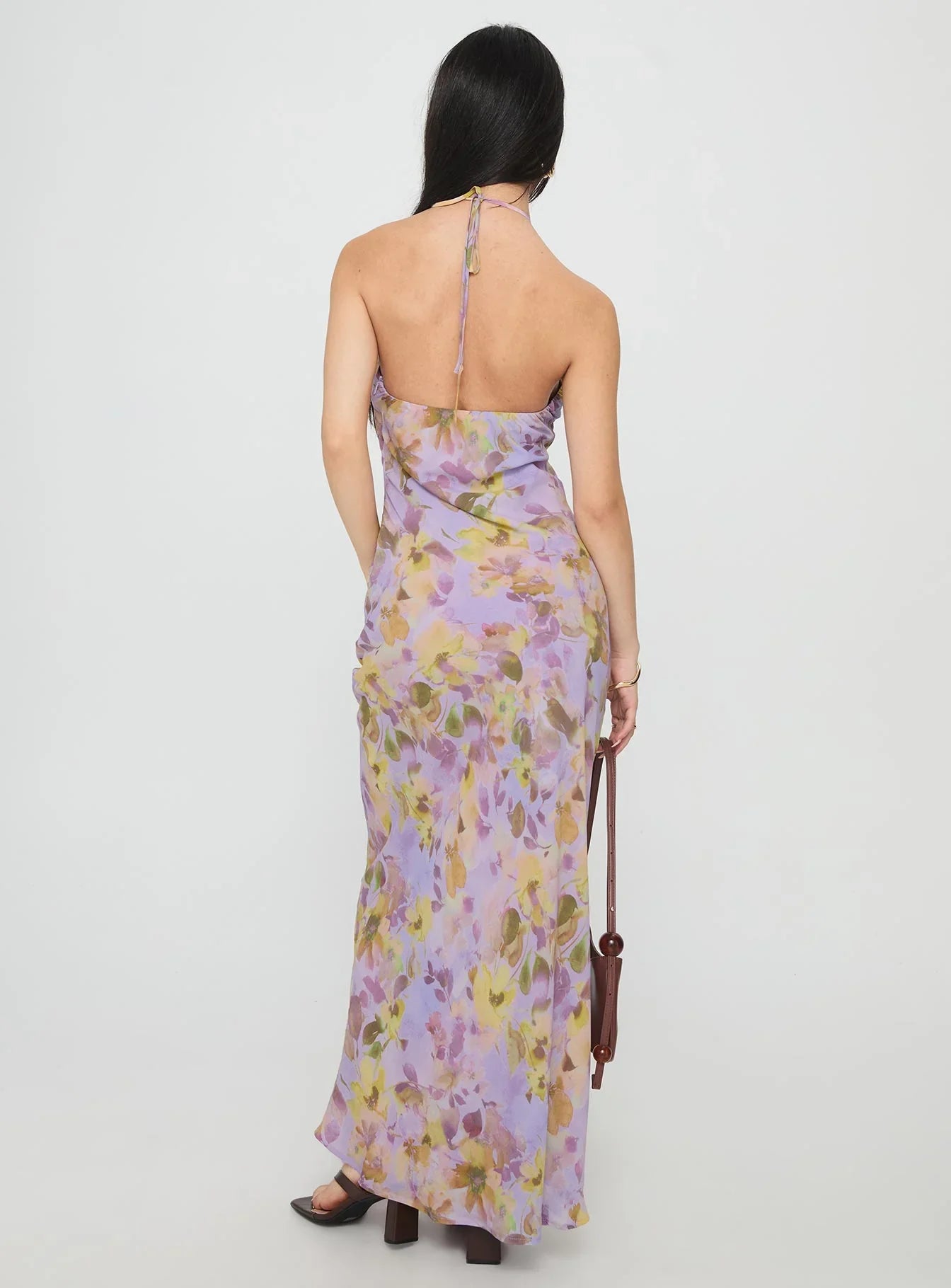 Lavender Halter Prom Dress with Floral Print and Open Back for Formal Events and Prom Nights