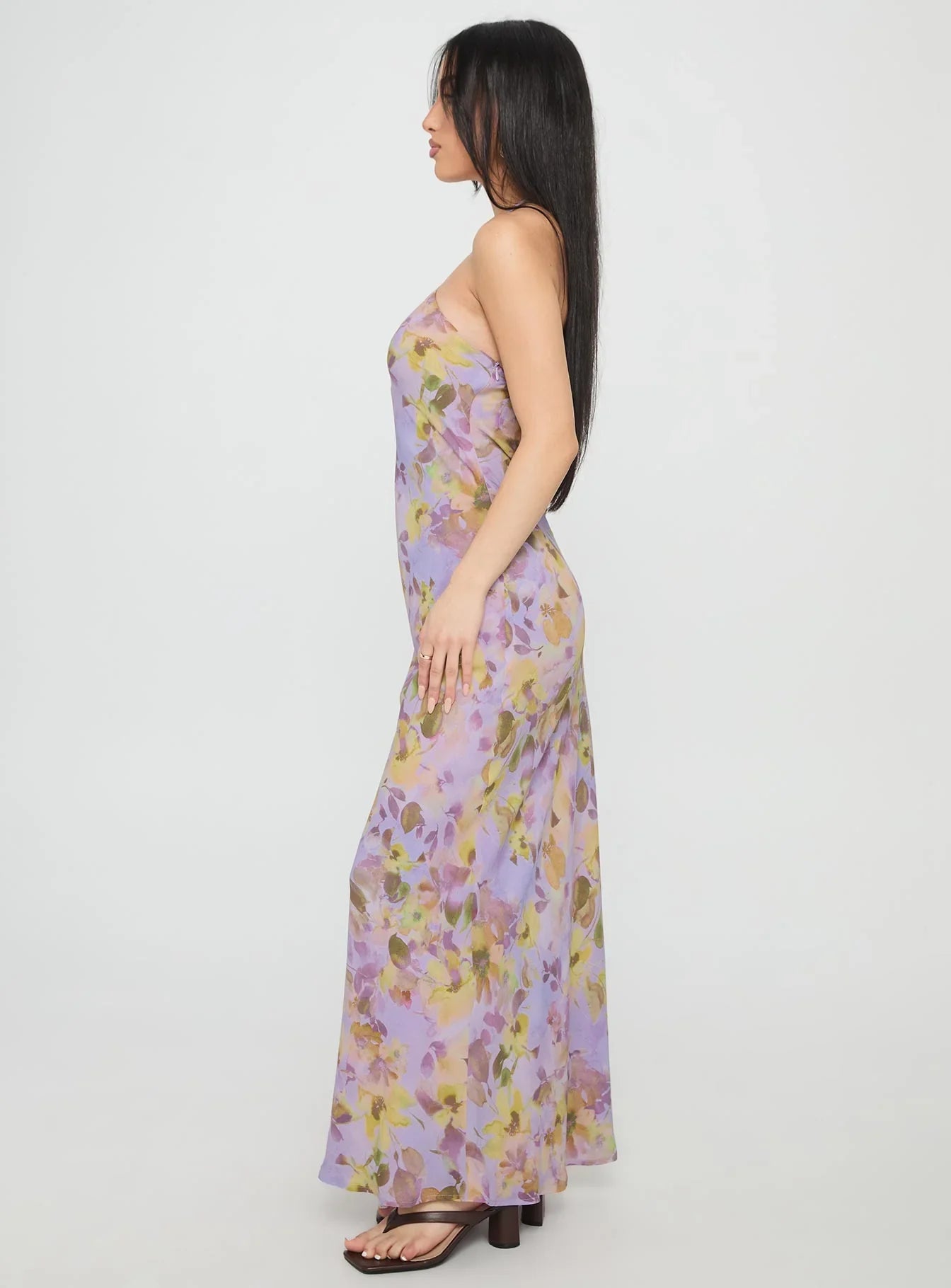 Lavender Halter Prom Dress with Floral Print and Open Back for Formal Events and Prom Nights