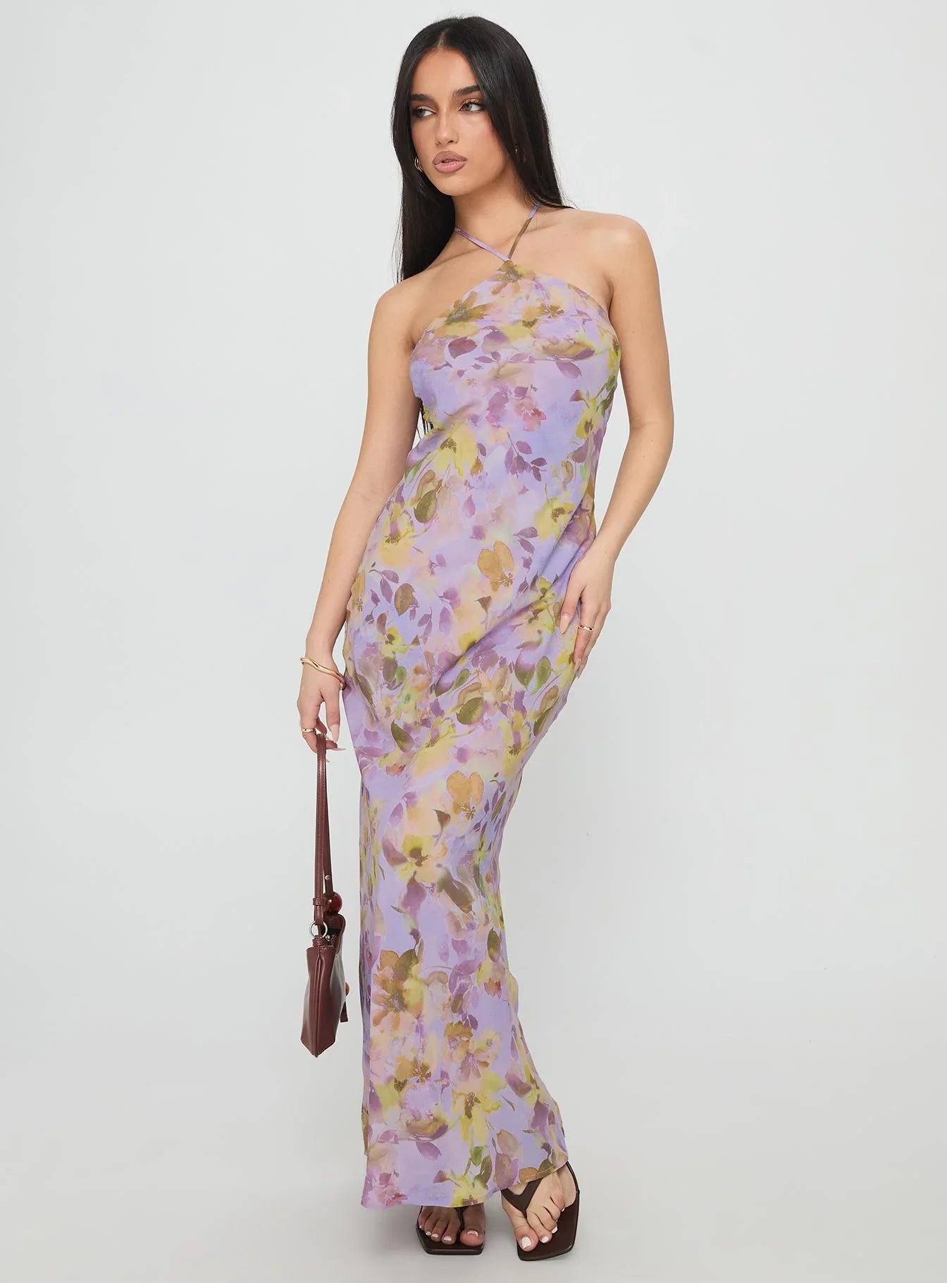Lavender Halter Prom Dress with Floral Print and Open Back for Formal Events and Prom Nights