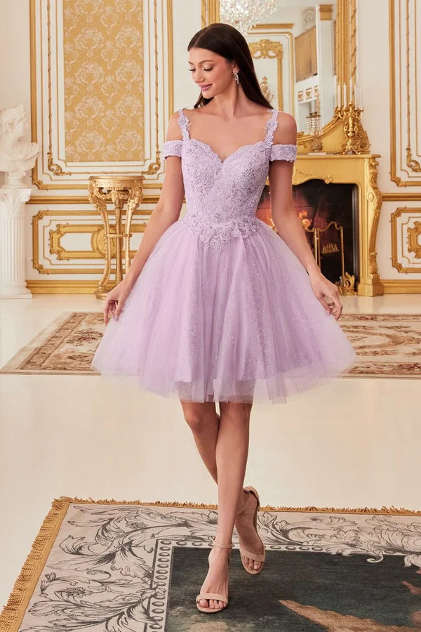Lavender Lace Off-The-Shoulder Spaghetti Strap Glitter Tulle Skater Homecoming Mini Dress