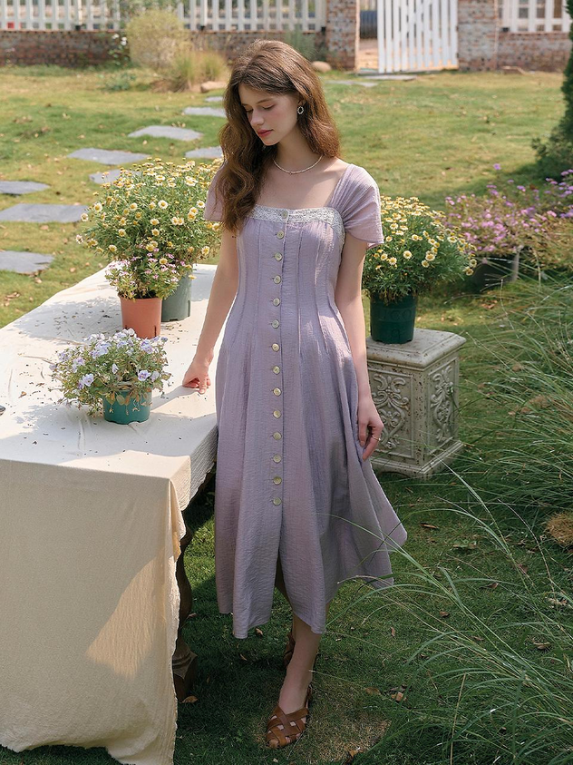 Lavender Midi Prom Dress with Lace Trim and Button Front for Garden Party and Bridal Shower