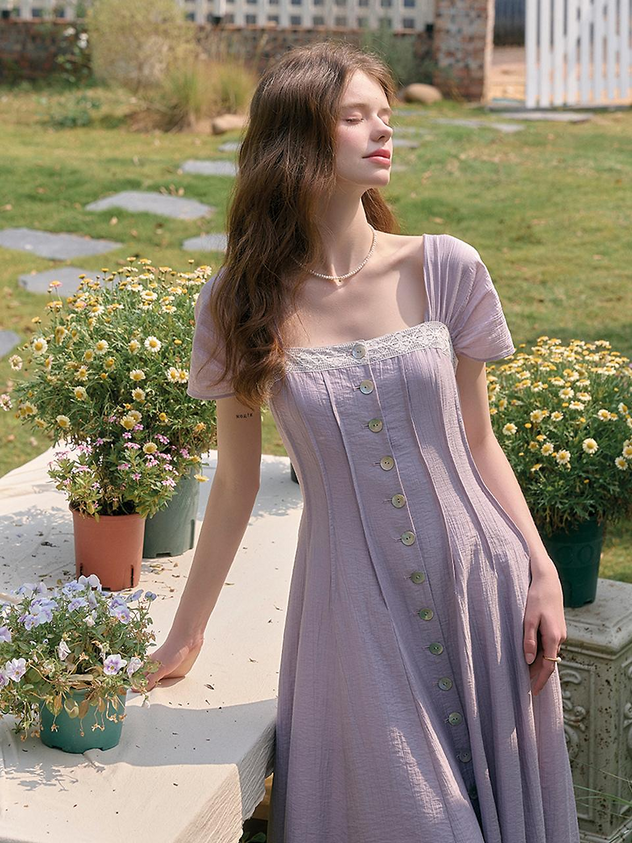Lavender Midi Prom Dress with Lace Trim and Button Front for Garden Party and Bridal Shower