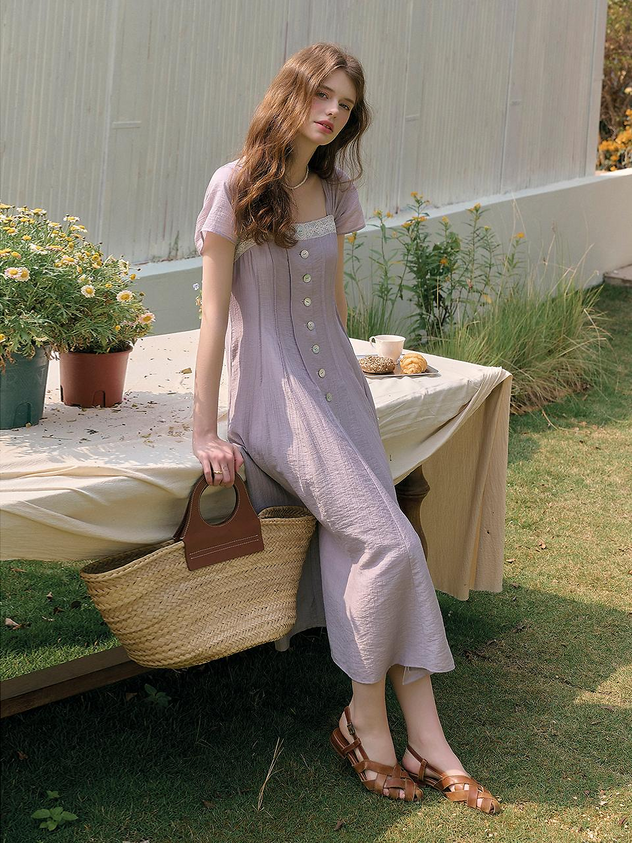 Lavender Midi Prom Dress with Lace Trim and Button Front for Garden Party and Bridal Shower