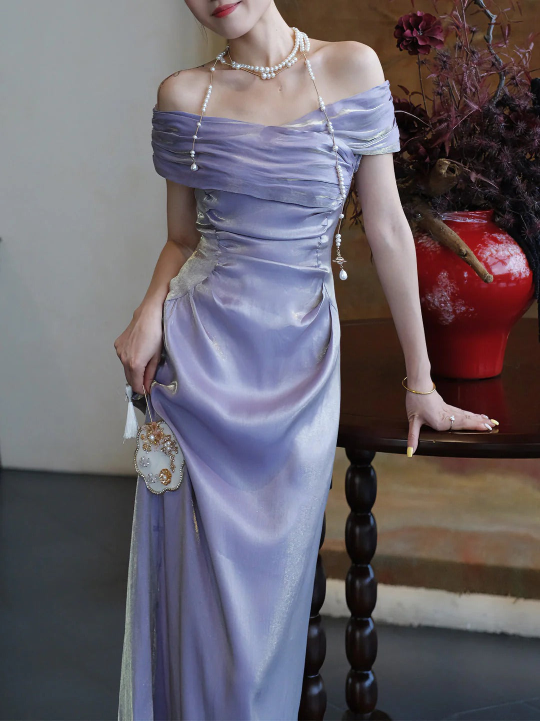 Lavender Off-the-Shoulder Prom Dress With Ruched Bodice Formal Prom Dress